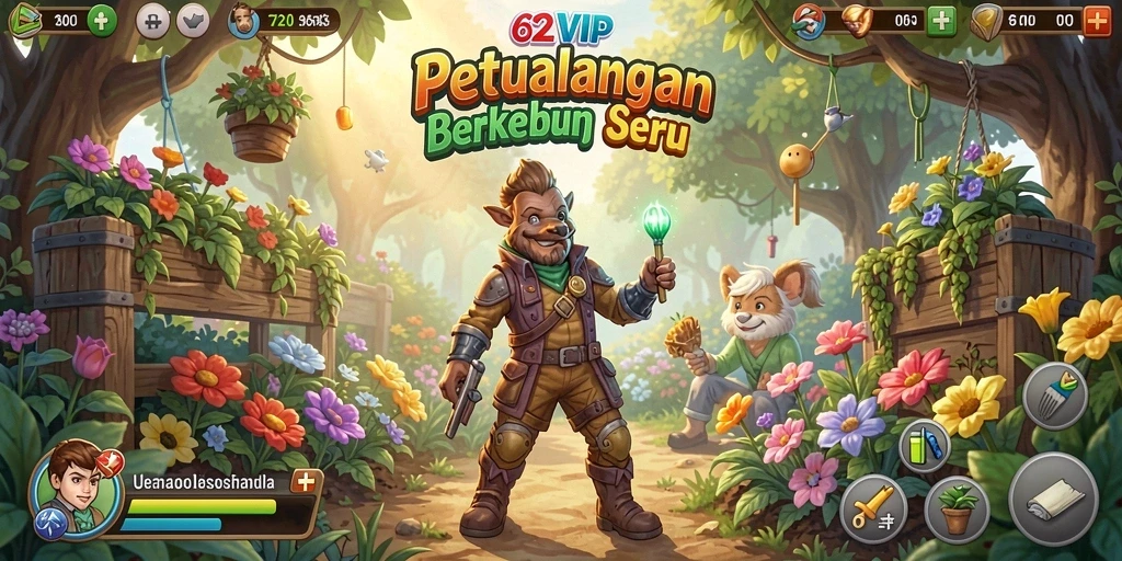 Tampilan gameplay <strong>62VIP</strong> dengan kebun yang indah dan beragam tanaman.