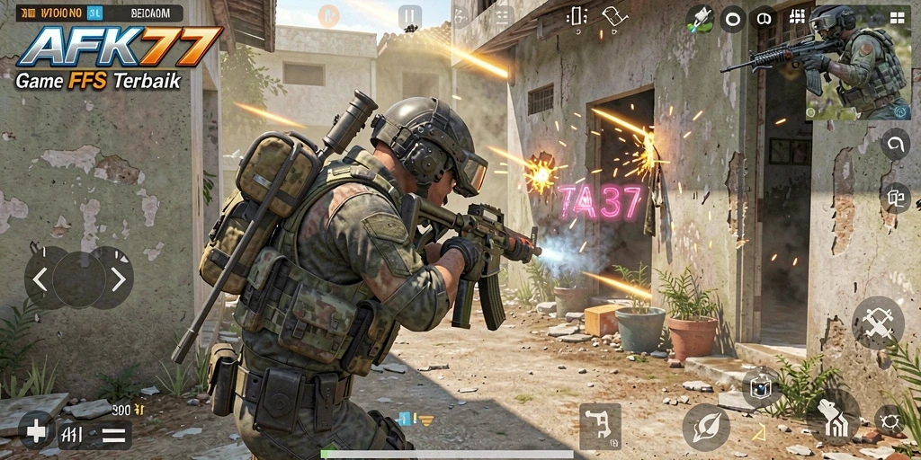 Screenshot gameplay AFK77 dengan aksi tembak-menembak yang intens.
