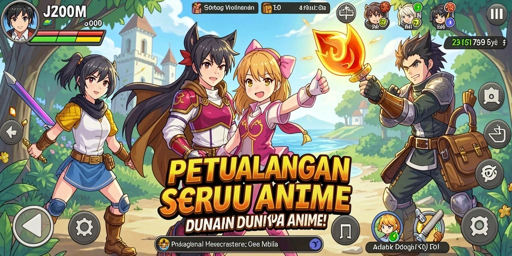 Screenshot utama J200M dengan karakter anime dalam pertempuran epik.