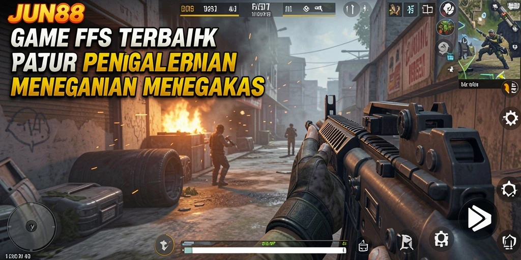 Screenshot menampilkan aksi intens dalam permainan FPS JUN88.