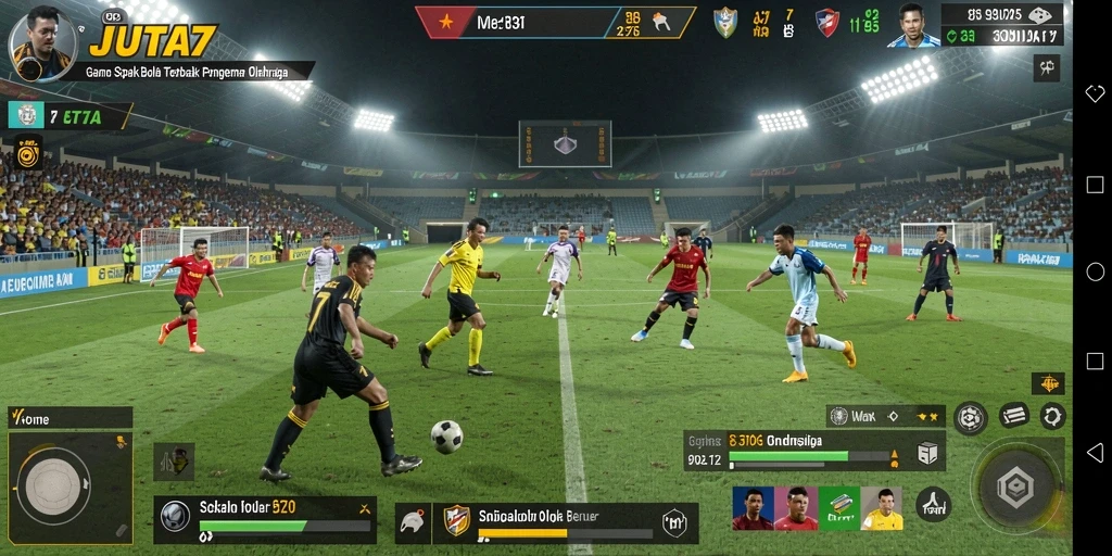 Tampilan gameplay utama JUTA7 yang menampilkan aksi sepak bola yang seru.
