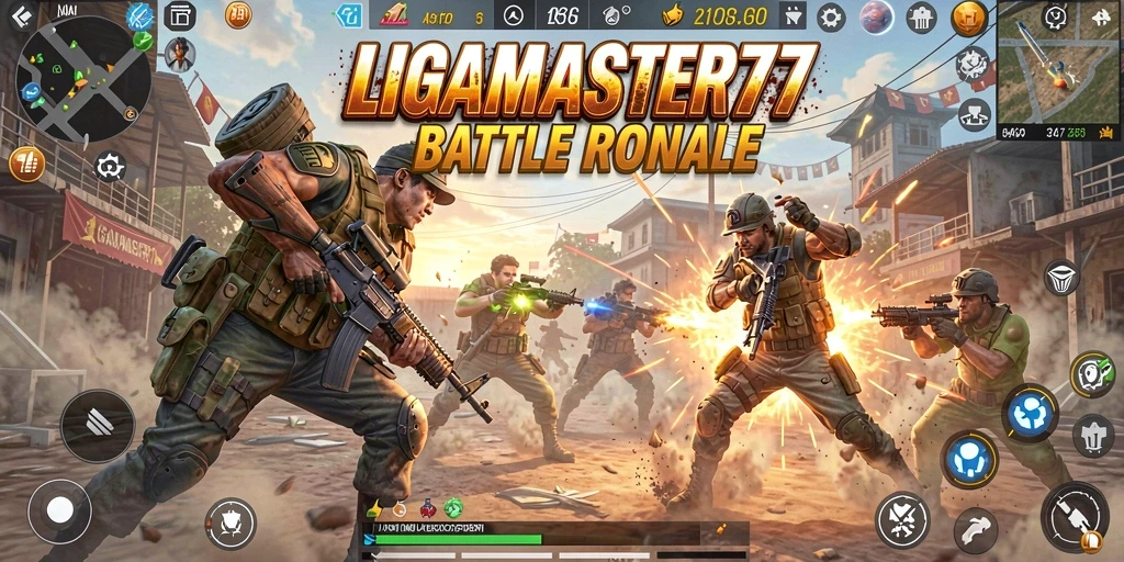 Screenshot LIGAMASTER77 menampilkan aksi pertempuran seru dalam game Battle Royale.
