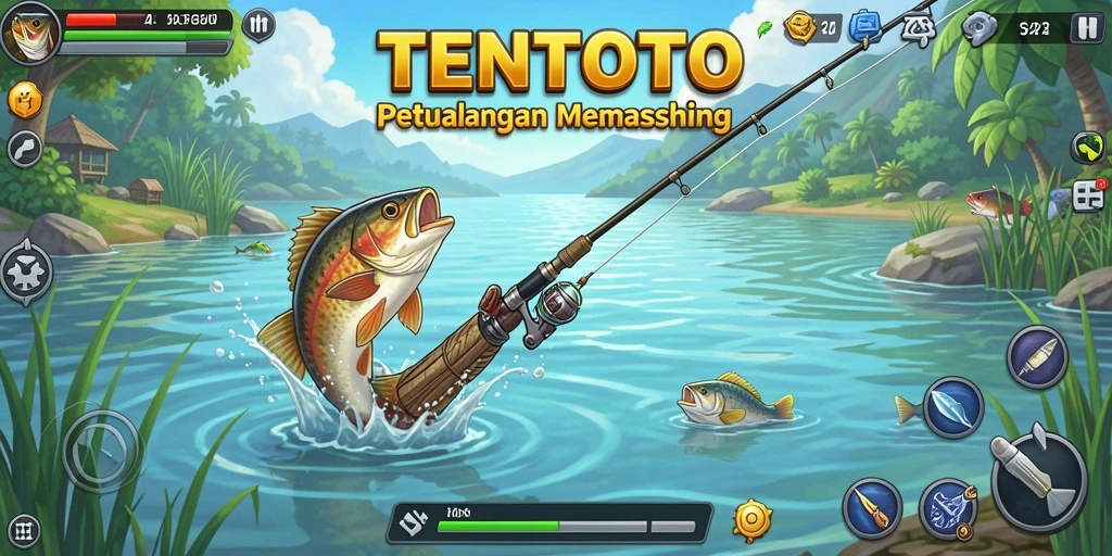 Tampilan gameplay TENTOTO yang menampilkan momen seru saat memancing.